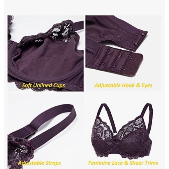 DELIMIRA Women's Full Coverage Non-Foam Floral Lace Plus Size Underwired Bra 34E - Picture 5 of 7